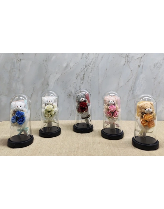 Işıklı Müzikli Fanus içinde Sevimli Ayıcıklı Gül Buketi