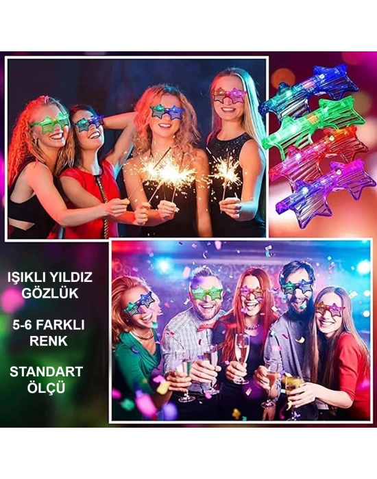 Işıklı Yıldız Gözlük Ledli Parti Gözlüğü 6 Renk 12 Adet