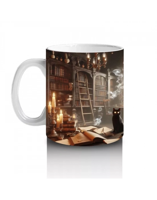 Işıltılı Arka Plan Üzerinde Gotik Sandalye ve Cadı Şapkası Temalı Baskılı Kupa