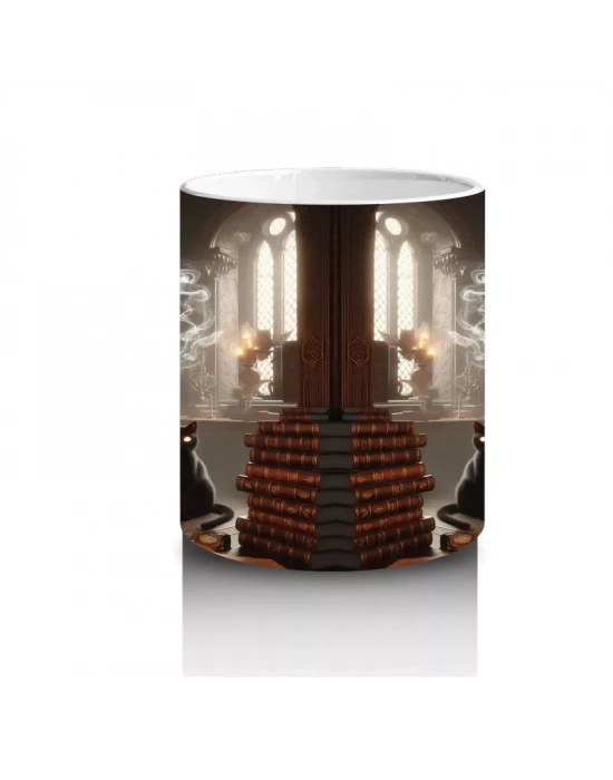 Işıltılı Arka Plan Üzerinde Gotik Sandalye ve Cadı Şapkası Temalı Baskılı Kupa