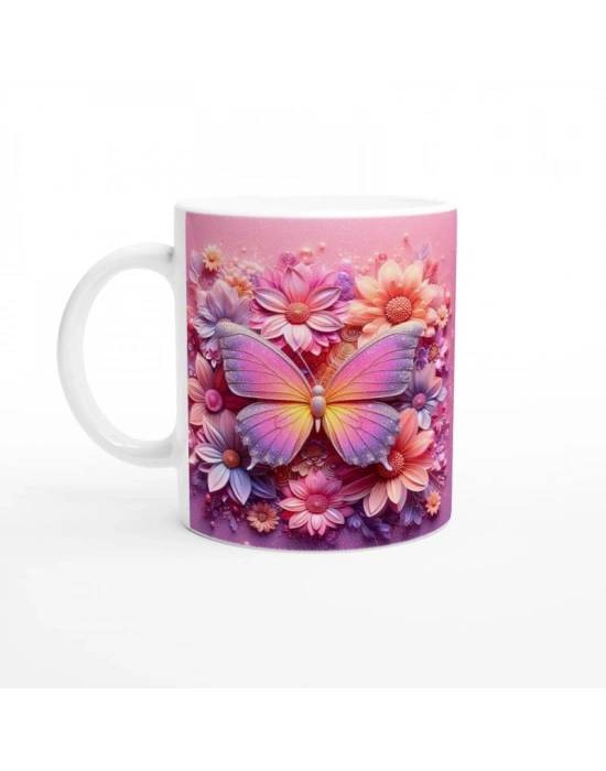 Işıltılı Çiçekler Arasında Renkli Kelebek Temalı Baskılı Kupa Bardak