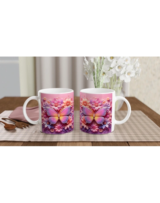 Işıltılı Çiçekler Arasında Renkli Kelebek Temalı Baskılı Kupa Bardak