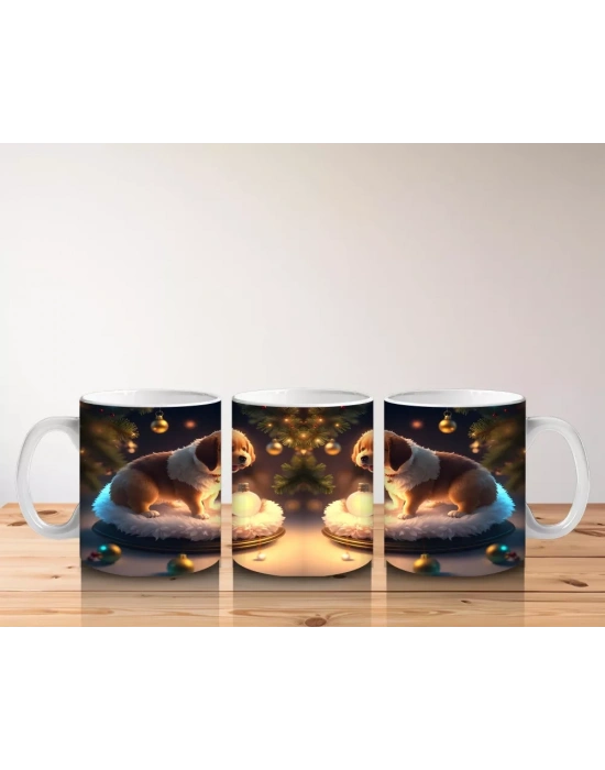 Işıltılı Mumlarla Poz Veren Yavru Köpek – Baskılı Kupa