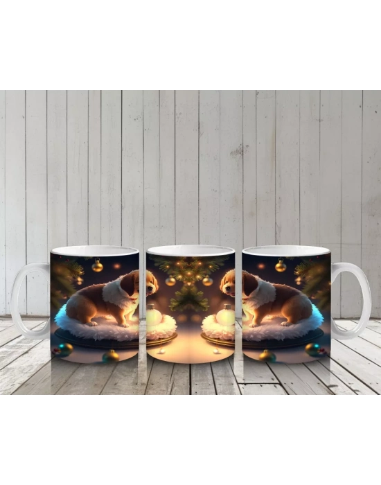 Işıltılı Mumlarla Poz Veren Yavru Köpek – Baskılı Kupa