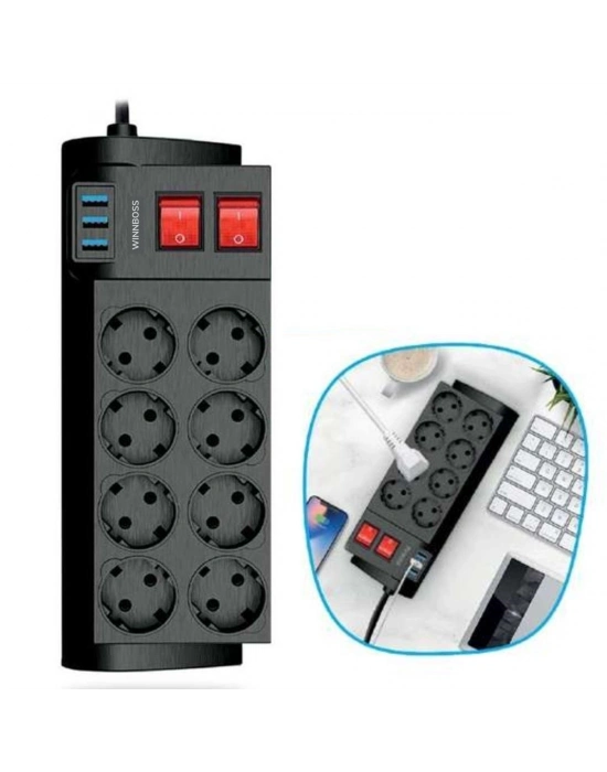 ®  Isıya Dayanıklı Termal Akım Korumalı 2 Metre 16A 4000W 8li Priz ve 3 Usb Li Uzatma Kablosu