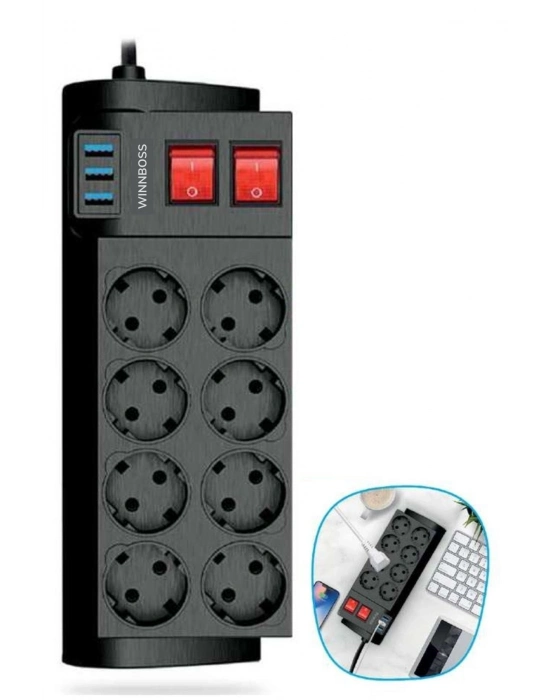 ®  Isıya Dayanıklı Termal Akım Korumalı 2 Metre 16A 4000W 8li Priz ve 3 Usb Li Uzatma Kablosu