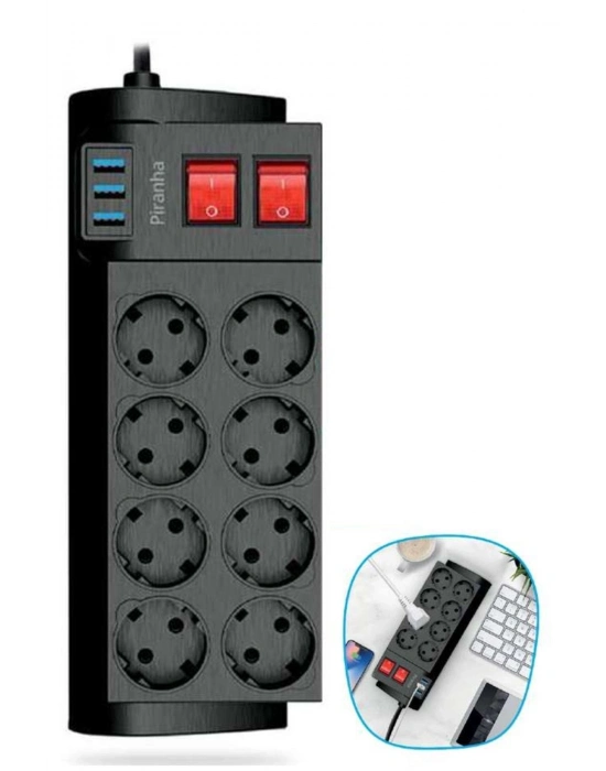®  Isıya Dayanıklı Termal Akım Korumalı 2 Metre 16A 4000W 8li Priz ve 3 Usb Li Uzatma Kablosu
