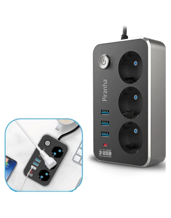 ®  Isıya Dayanıklı Termal Akım Korumalı 2 Mt 10A 2500W 3lü Priz ve 3 Usbi 21A Uzatma Kablosu