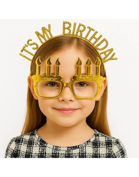 İt's My Birthday Yazılı Taç Ve Mum Şekilli Gözlük Seti Altın Renk