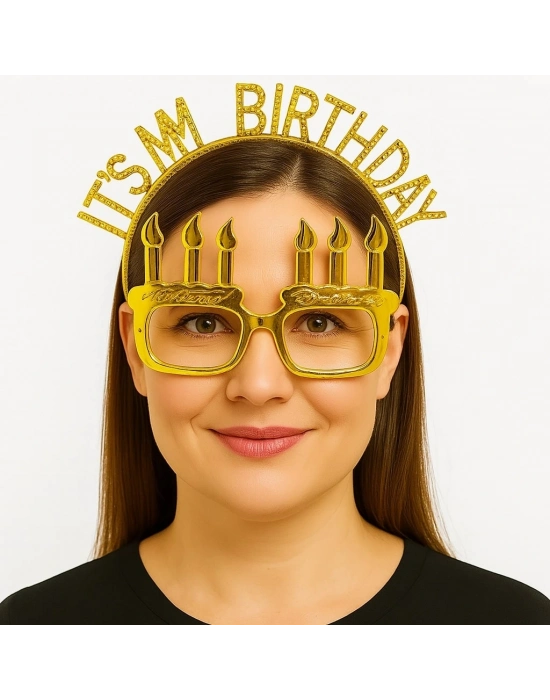 İt's My Birthday Yazılı Taç Ve Mum Şekilli Gözlük Seti Altın Renk