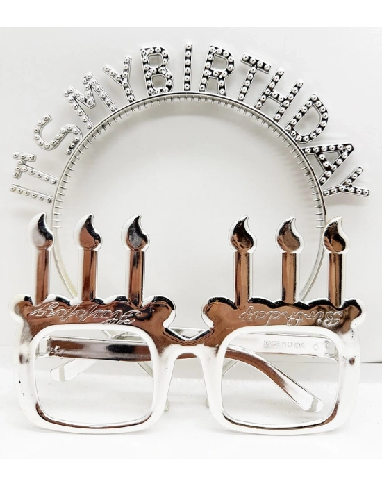 İt's My Birthday Yazılı Taç Ve Mum Şekilli Gözlük Seti Gümüş Renk