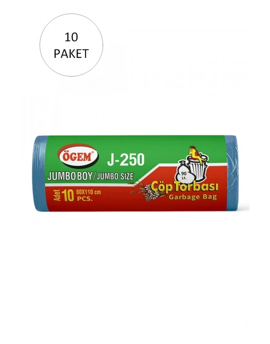 J-250 Jumbo Boy Çöp Torbası 80 x 110 cm 10 Lu Rulo x 10 Paket = 100 Adet (Mavi)
