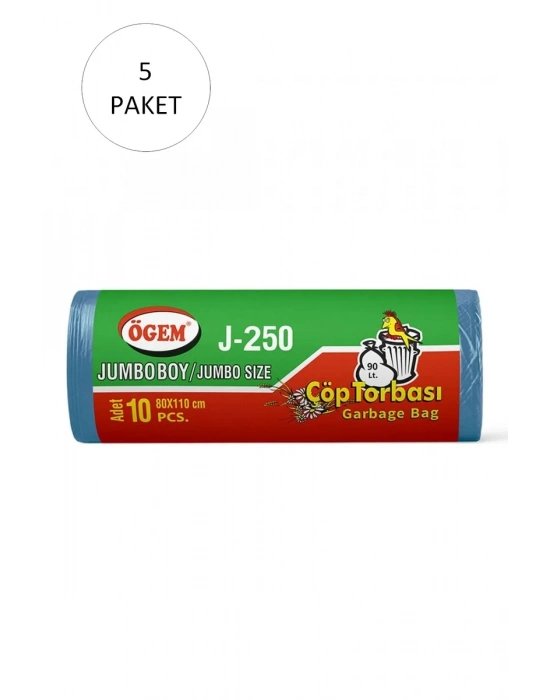 J-250 Jumbo Boy Çöp Torbası 80 x 110 cm 10 Lu Rulo x 5 Paket = 50 Adet (Mavi)