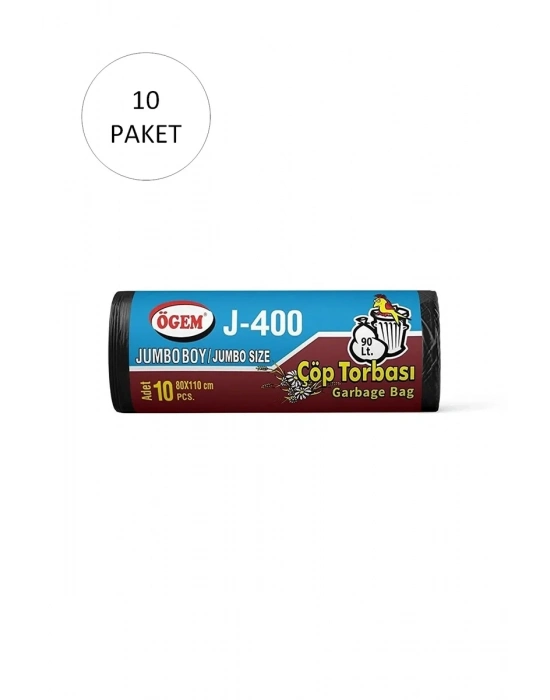 J-400 Jumbo Boy Çöp Torbası 80 x 110 cm 10 Lu Rulo x 10 Paket = 100 Adet (Siyah)