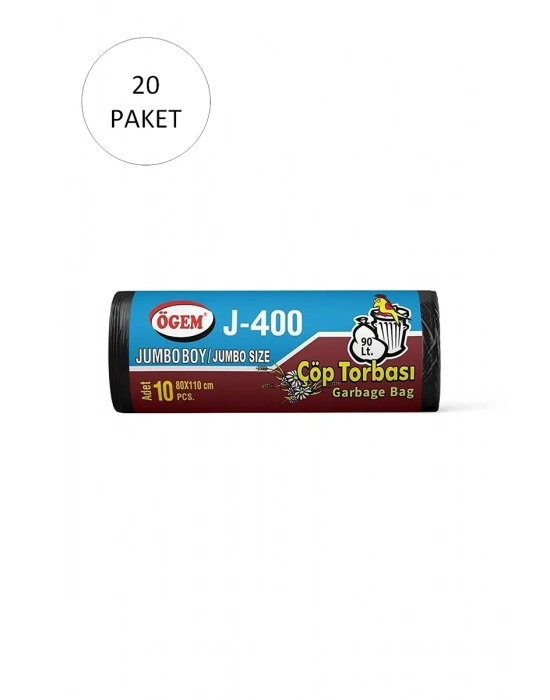J-400 Jumbo Boy Çöp Torbası 80 x 110 cm 10 Lu Rulo x 20 Paket = 200 Adet (Siyah)