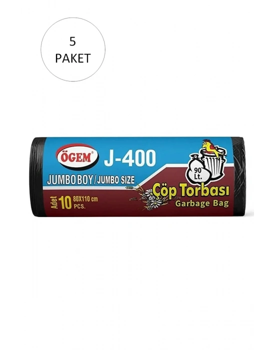 J-400 Jumbo Boy Çöp Torbası 80 x 110 cm 10 Lu Rulo x 5 Paket = 50 Adet (Siyah)