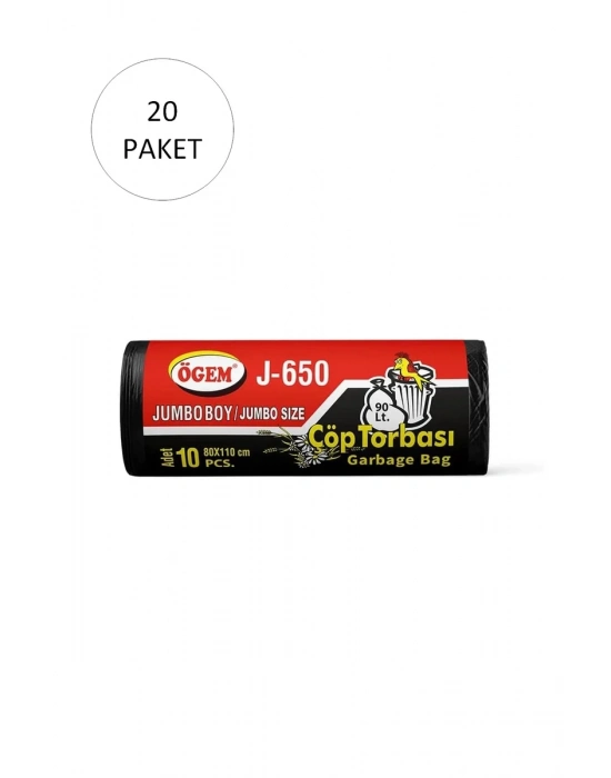 J-500 Jumbo Boy Çöp Torbası 80 x 110 cm 10 Lu Rulo x 20 Paket = 200 Adet (Siyah)