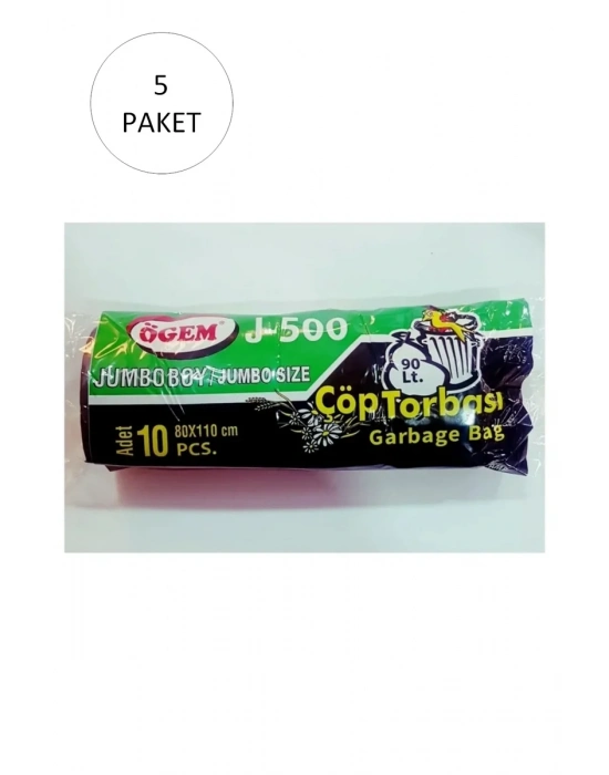 J-500 Jumbo Boy Çöp Torbası 80 x 110 cm 10 Lu Rulo x 5 Paket = 50 Adet (Siyah)