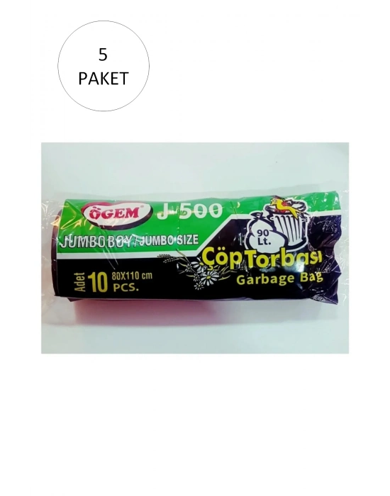 J-500 Jumbo Boy Çöp Torbası 80 x 110 cm 10 Lu Rulo x 5 Paket = 50 Adet (Siyah)