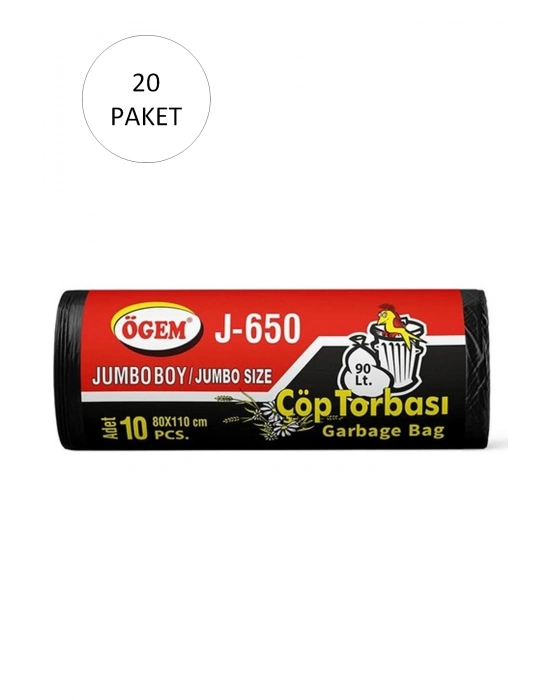 J-650 Jumbo Boy Çöp Torbası 80 x 110 cm 10 Lu Rulo x 20 Paket = 200 Adet (Siyah)