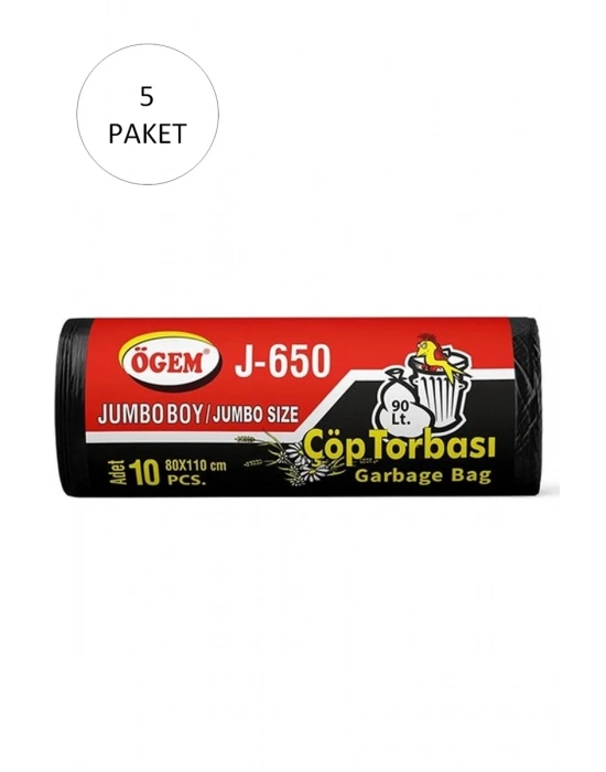 J-650 Jumbo Boy Çöp Torbası 80 x 110 cm 10 Lu Rulo x 5 Paket = 50 Adet (Siyah)