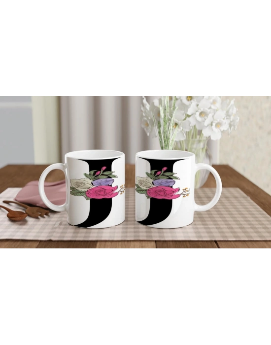 J Harfi Çiçek Motifli Kupa Bardak