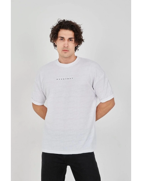 Jakar Kumaş Rahat Kol T-Shirt - Beyaz -