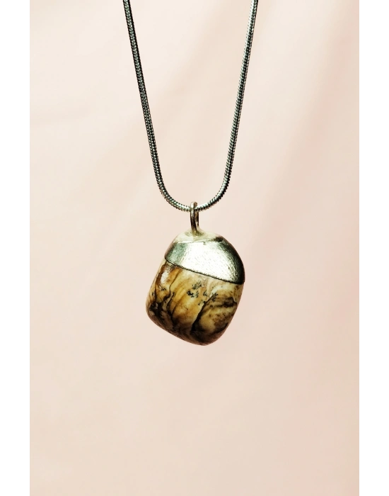 Jasper Doğal Taşı Zincirli El Yapımı Kolye Uç: 2 cm Zincir: 20 cm Kutulu