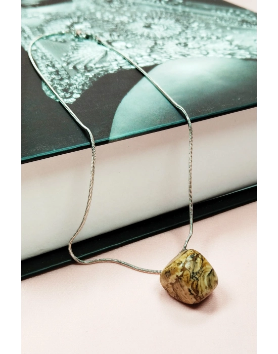 Jasper Doğal Taşı Zincirli El Yapımı Kolye Uç: 2 cm Zincir: 20 cm Kutulu