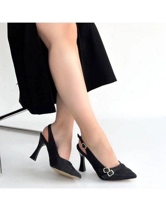 Jedda Siyah Simli Cilt Topuklu Ayakkabı