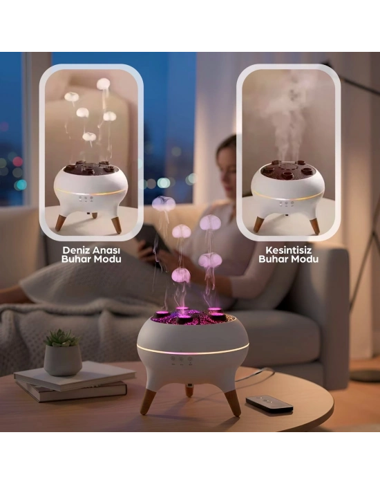 ® Jellyfish Ultrasonik Hava Nemlendirici – Deniz Anası Tasarımlı, Kumandalı, LED Işıklı ve Sese Duyarlı Ritim Modlu Buhar Makinesi