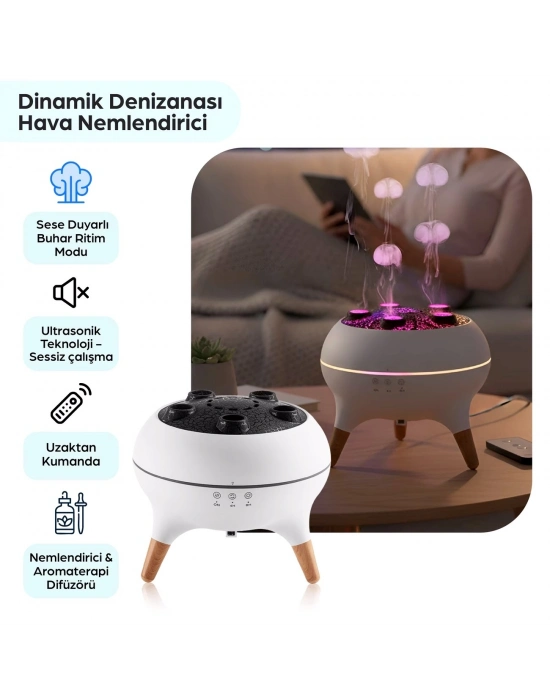 ® Jellyfish Ultrasonik Hava Nemlendirici – Deniz Anası Tasarımlı, Kumandalı, LED Işıklı ve Sese Duyarlı Ritim Modlu Buhar Makinesi