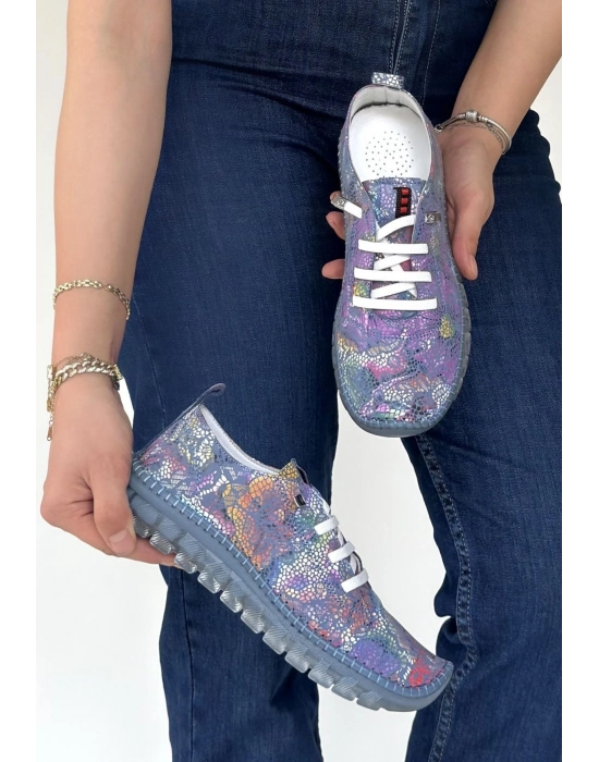 Kinte Mor Desenli Deri Bağcıklı Spor Ayakkabı