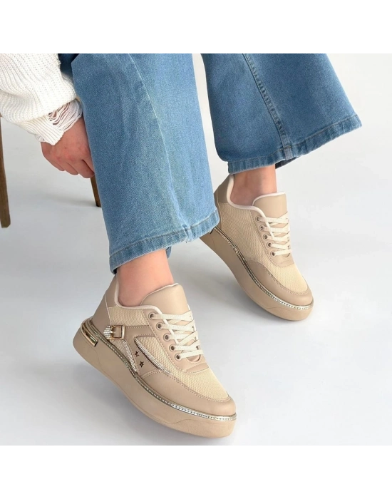 Junda Bej Cilt Bağcıklı Spor Ayakkabı