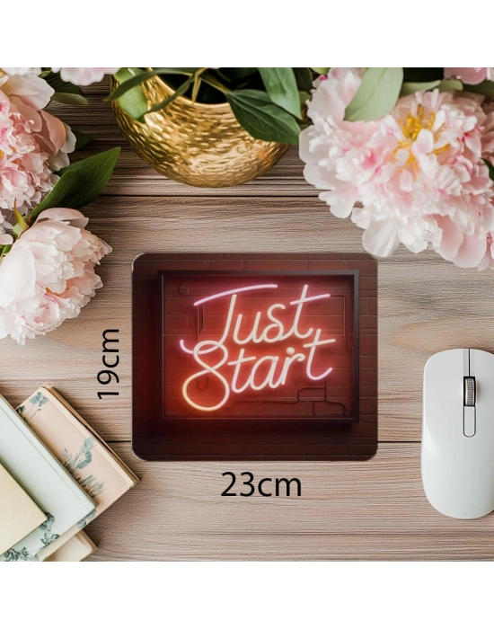 Just Start Neon Yazılı Tuğla Duvarlı Mousepad - 19x23 cm 2 mm Dikdörtgen İthal Baskılı Mouse Pad