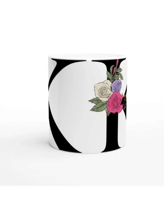 K Harfi Çiçek Motifli Kupa Bardak