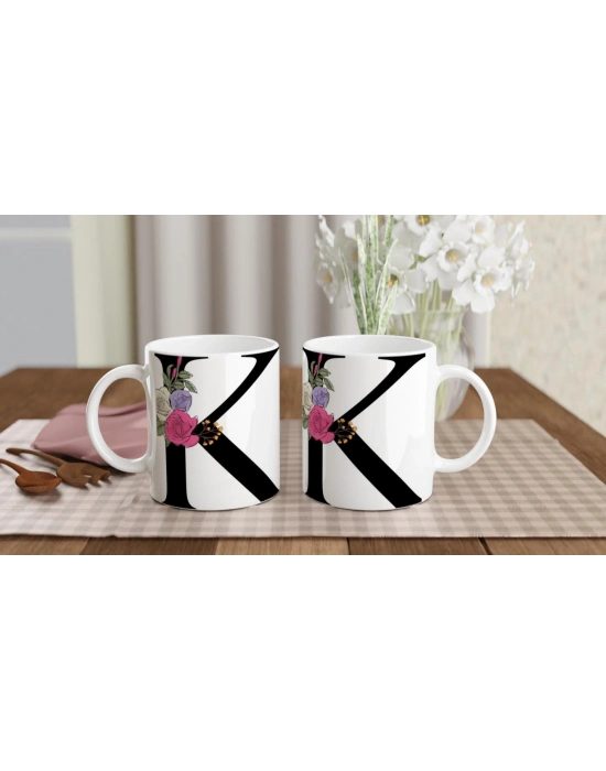 K Harfi Çiçek Motifli Kupa Bardak