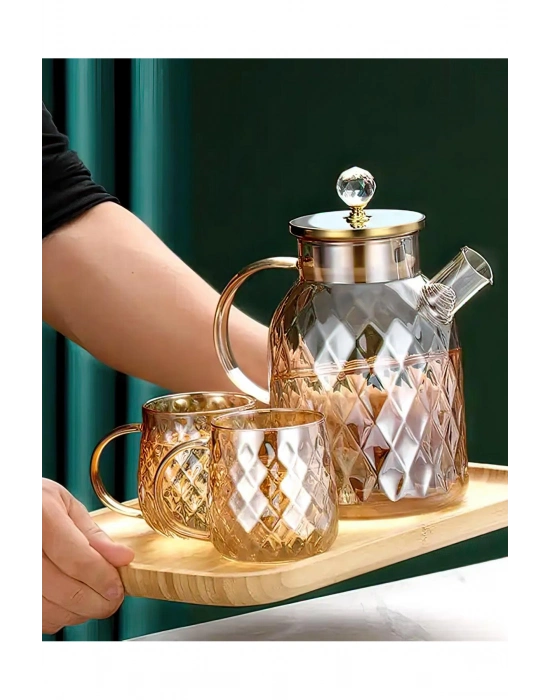 Kabartmalı Bambu Kapaklı Borosilikat Cam Demlik 1500ml Royaleks-CM-2005