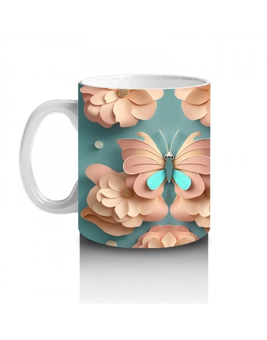 Kabartmalı Renkli Kelebek Desenleri – Baskılı Kahve Kupası