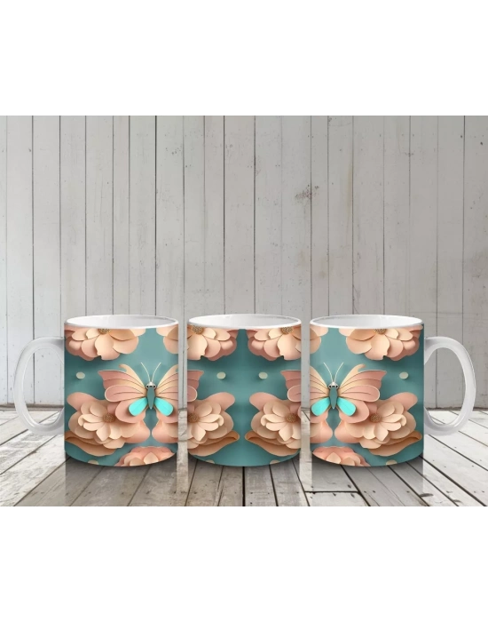 Kabartmalı Renkli Kelebek Desenleri – Baskılı Kahve Kupası