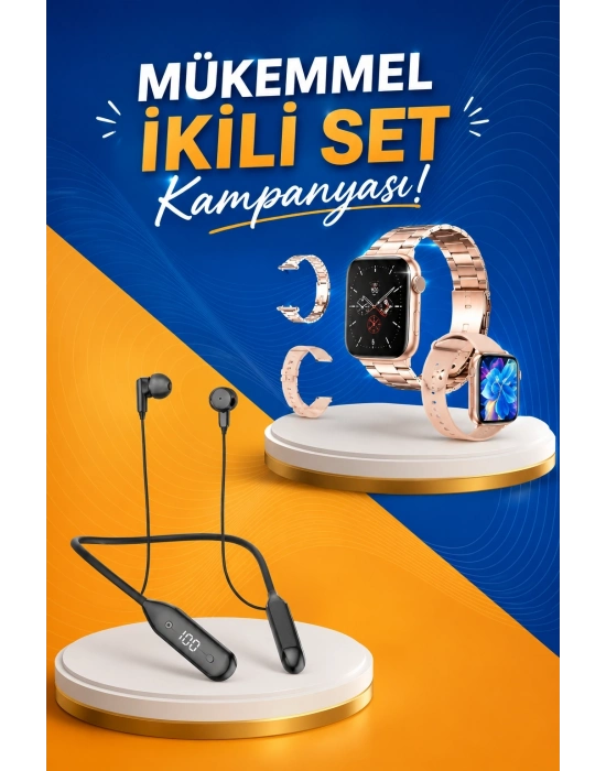 Kablolu Bluetooth Kulaklık ve Kadınlara Özel Bileklik Hediyeli Yeni Nesil Akıllı Saat 3 Kordonlu