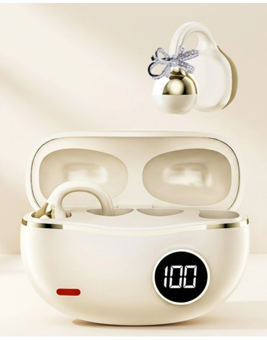 ® Kablosuz Bluetooth Kulaklık Kulak Klipsli Şık Tasarım 2 Kurdele Küpe Hediyeli