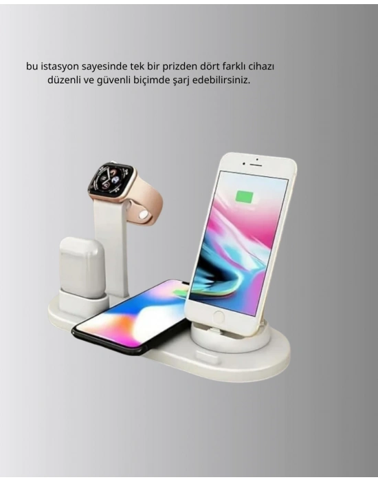 Kablosuz Şarj İstasyonu 4’ü 1 Arada iPhone Watch ve AirPods Uyumlu