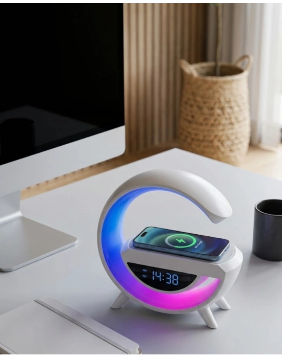 Kablosuz Şarjlı Bluetooth Hoparlör RGB Işık Gece Lambası Dijital Saat