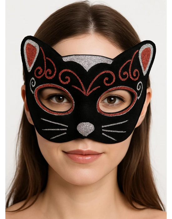 Kadife Dokulu Simli Kedi Maskesi Kırmızı Gümüş Detaylı