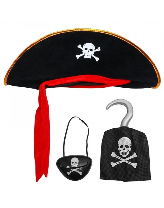 Kadife Kaptan Jack Korsan Şapkası Korsan Eli Ve Korsan Göz Maskesi Çocuk Boy