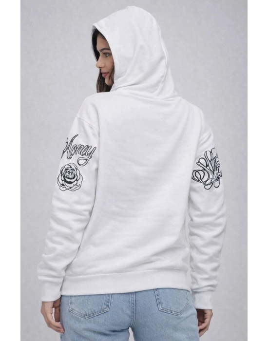 Kadın 3 İplik Pamuklu Kapüşonlu Baskılı SweatShirt hoodie - Beyaz
