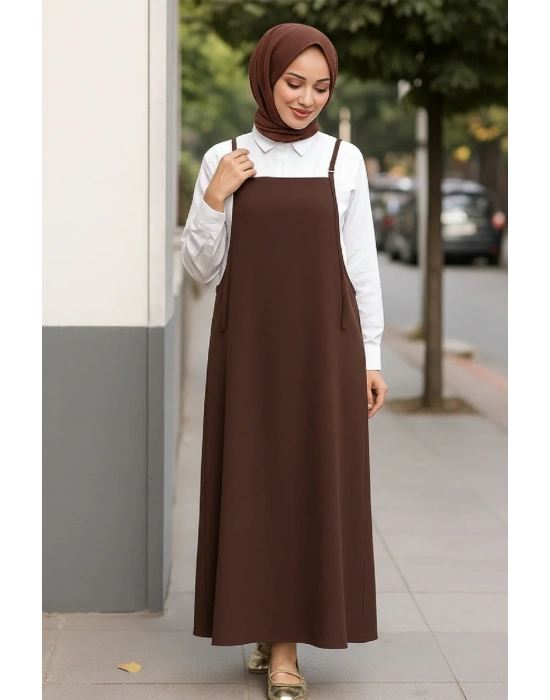Kadın Acı Kahverengi Basic Ayarlanabilir Askılı Jile Elbise