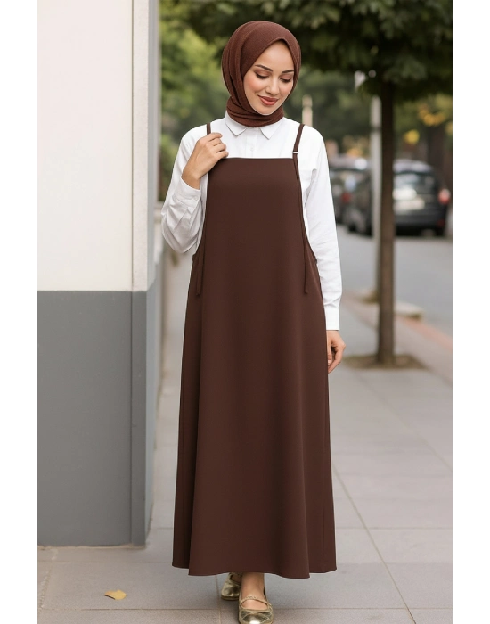 Kadın Acı Kahverengi Basic Ayarlanabilir Askılı Jile Elbise