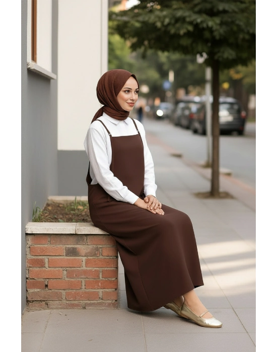 Kadın Acı Kahverengi Basic Ayarlanabilir Askılı Jile Elbise